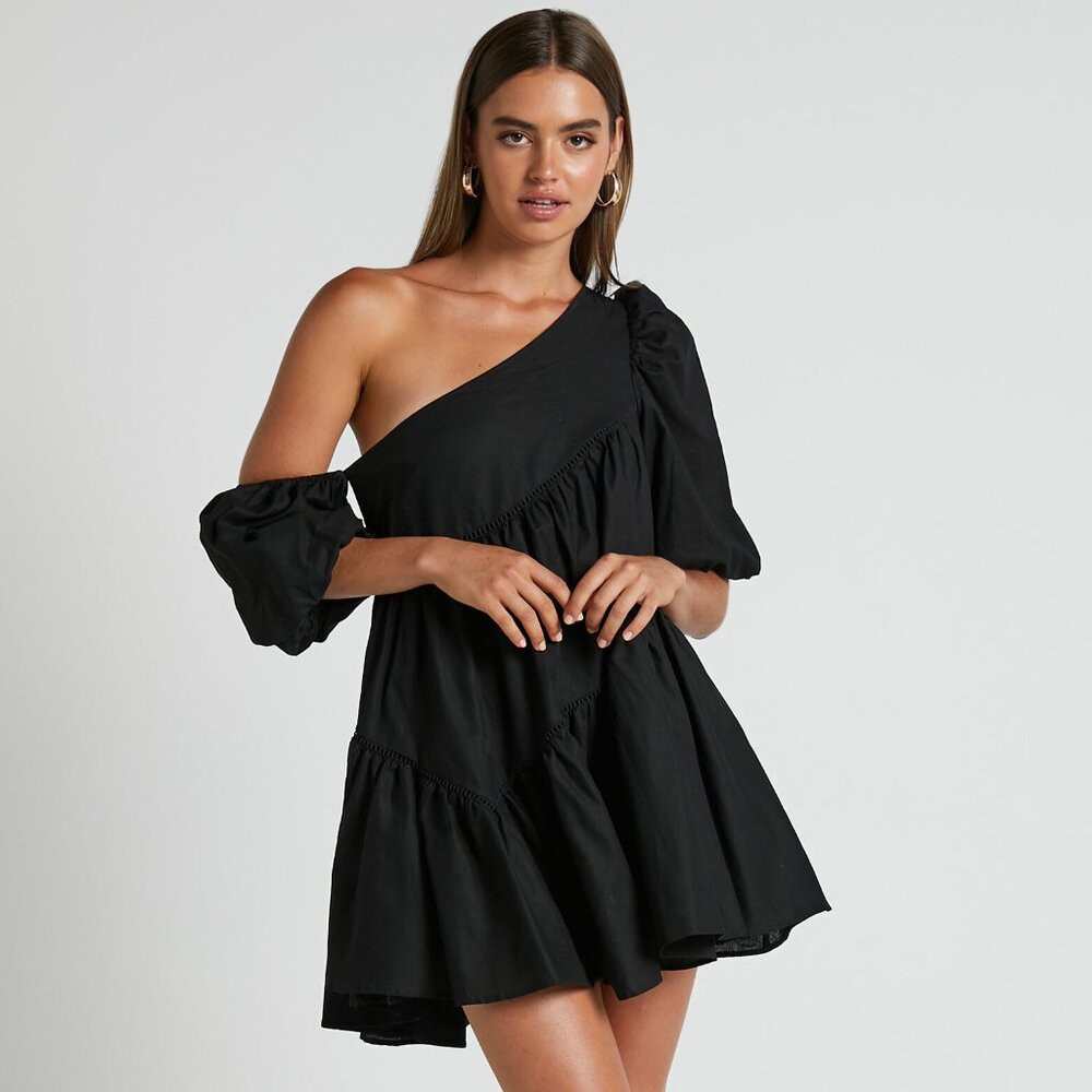 NEW Showpo Harleen Mini Dress Linen Look Asymmetrical Puff Sleeve Dress in Black